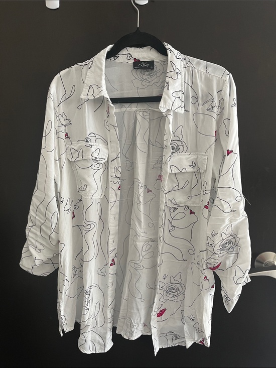 Milk & Honey Tops - Feminist White Button-Down Shirt with Minimal Line Art